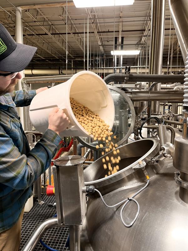 Dogfish Head brewer Mike Ross adds thousands of malted milk balls to the Balls Back Bock brew at the Dogfish Head Brewery in Milton. SUBMITTED PHOTO